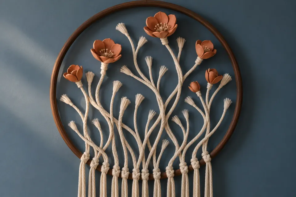 Editorial illustration: Knotted cotton cords branch inside a wooden hoop; some end in terracotta flowers and others in loose thread tips.