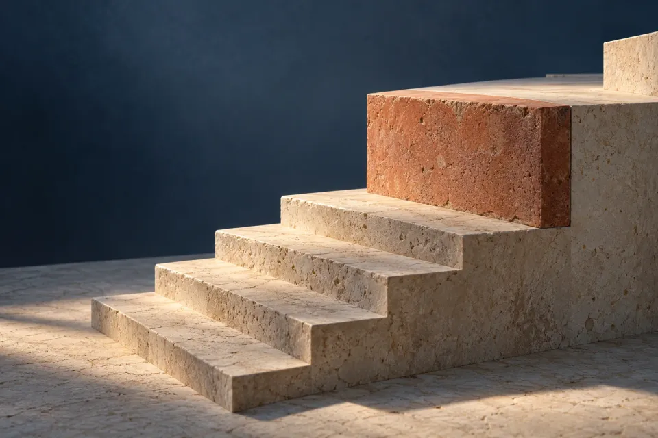 Editorial illustration: A pale stone staircase reaches a much taller terracotta step.