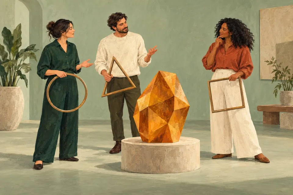 Editorial illustration: Three people hold circular, triangular and square frames around one shared amber sculpture.