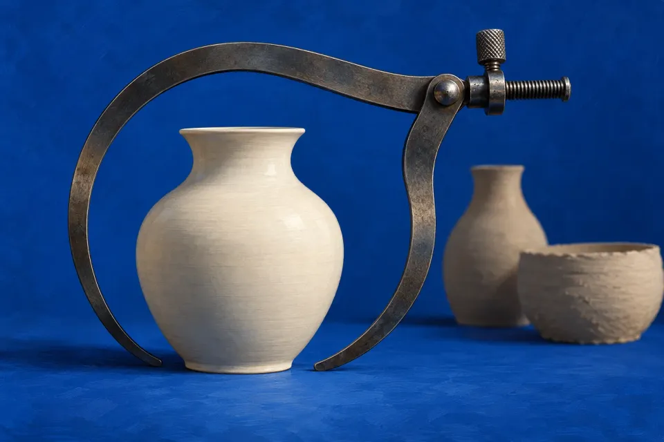 Editorial illustration: An unmarked outside caliper frames a pale ceramic vessel, with two other vessels behind it.