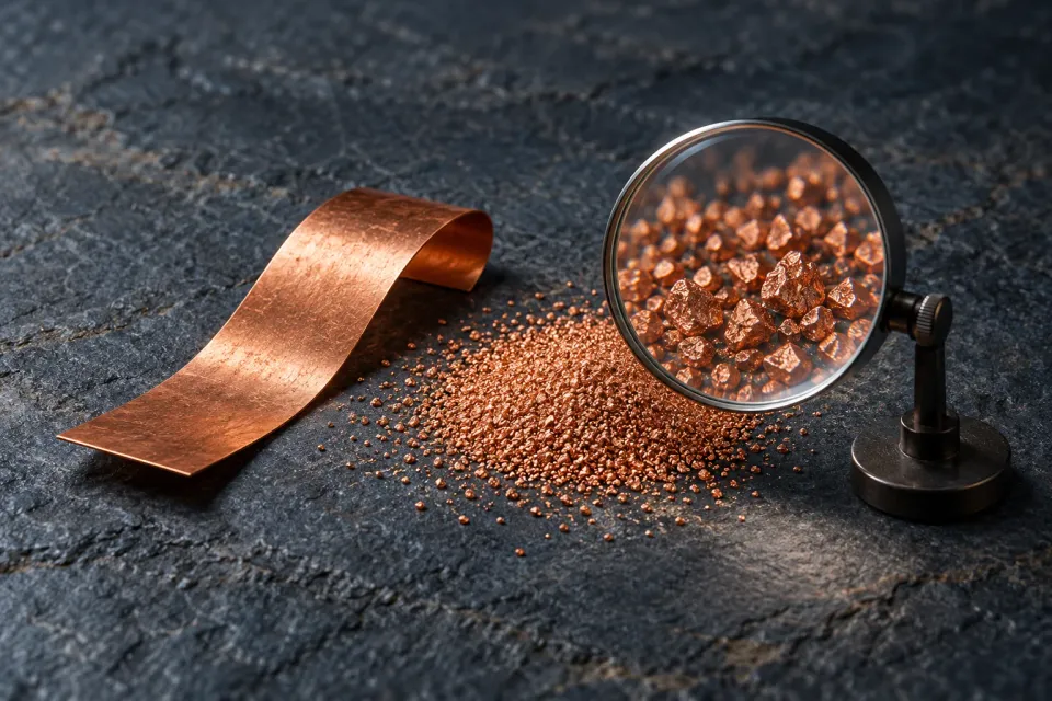Editorial illustration: A curved copper strip and fine copper granules beside a lens showing enlarged particles.