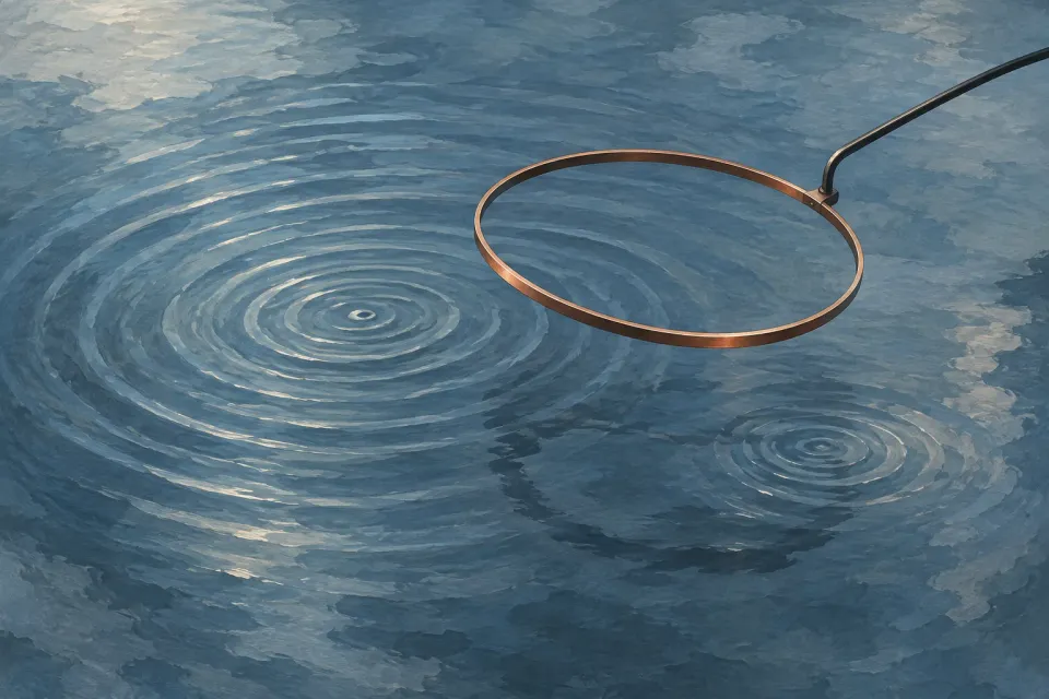 Editorial illustration: A copper ring is held over blue water with large and small ripples.