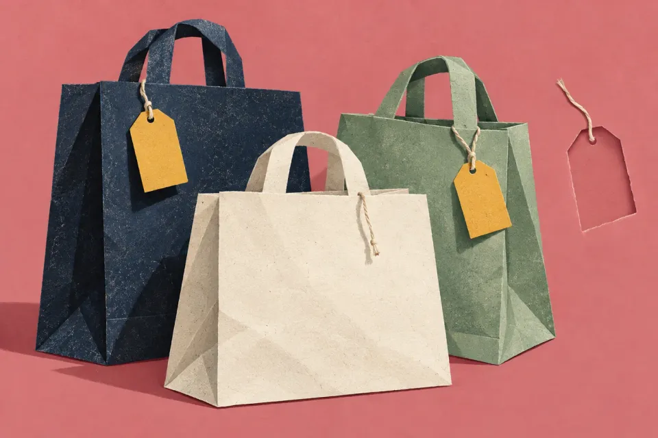 Editorial illustration: Three paper shopping bags, two with blank tags and one with a loose string, stand beside a tag-shaped cutout.