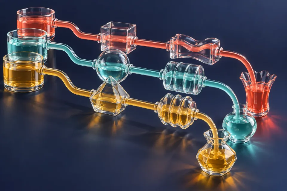 Editorial illustration: Coral, turquoise and amber liquids follow separate glass channels into their own vessels.