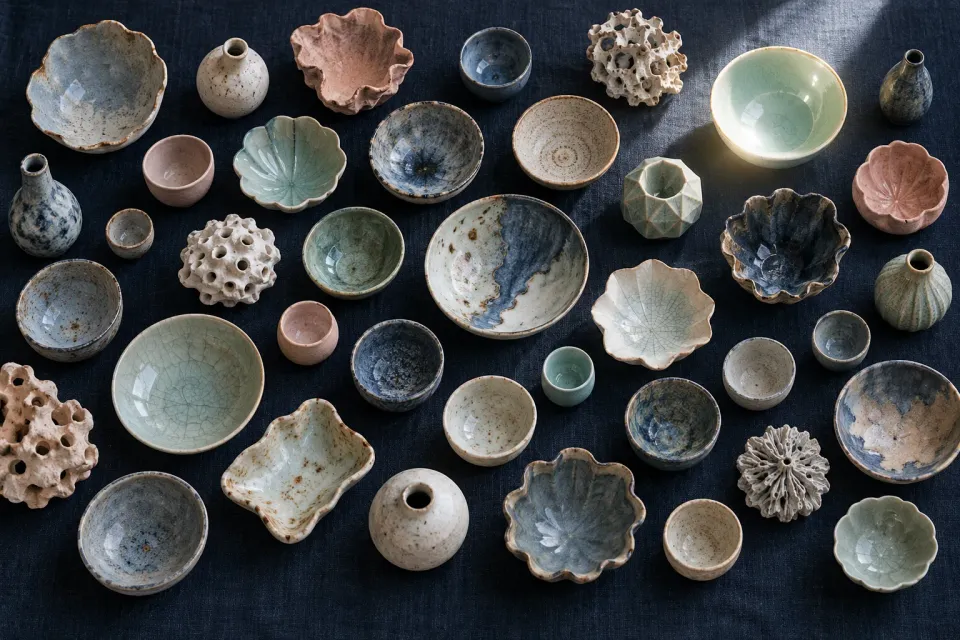 Editorial illustration: Many ceramic bowls and small vessels on dark blue fabric, with a bright reflection in one pale green bowl.