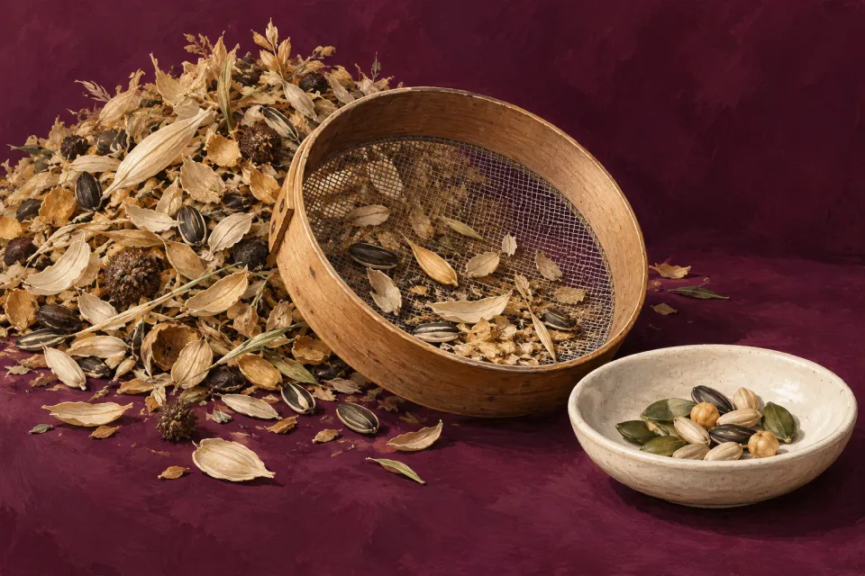 Editorial illustration: A wooden sieve stands between a heap of seed husks and a small dish of whole seeds.
