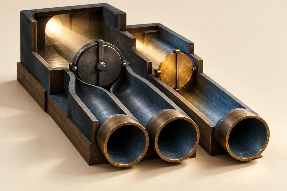 Editorial illustration: Three dark apertures in an optical model with a shared black shutter and a separate amber shutter.