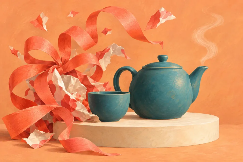 Editorial illustration: A teal teapot and cup on a pale plinth beside large coral gift ribbons and torn wrapping paper.