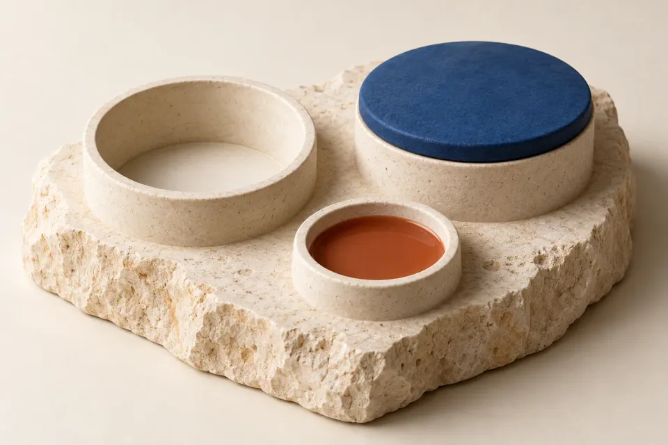 Editorial illustration: An empty ceramic bowl, a bowl with a blue lid and a small bowl of terracotta liquid on limestone.