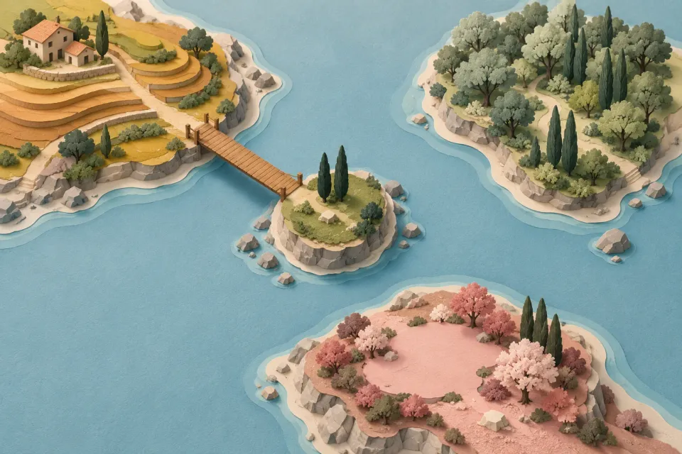 Editorial illustration: A bridge links a small central island to one of three surrounding islands in a layered paper landscape.