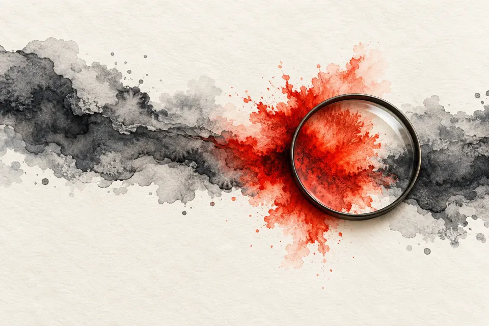 Editorial illustration: A red ink bloom interrupts a gray ink wash and is examined through a round glass lens.