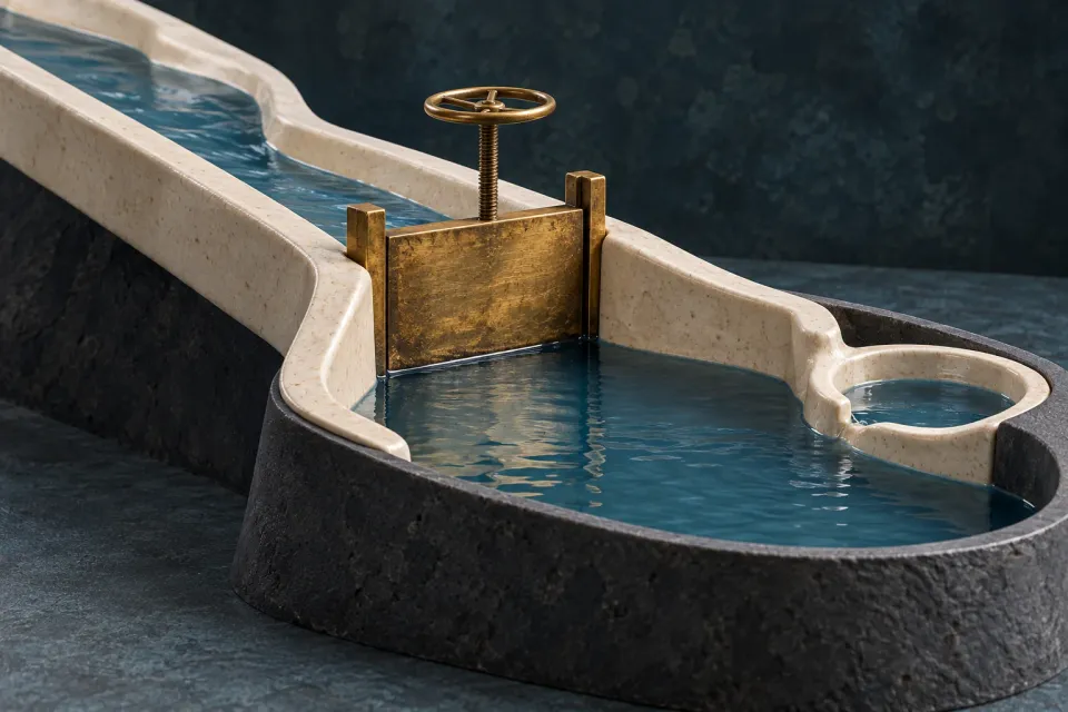 Editorial illustration: A closed brass gate in a ceramic water channel, with water remaining in the basin in front.