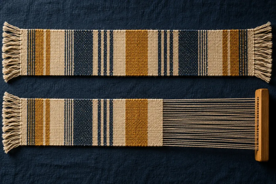 Editorial illustration: Two striped woven strips on dark fabric, one complete and one with exposed warp threads leading to a wooden bar.