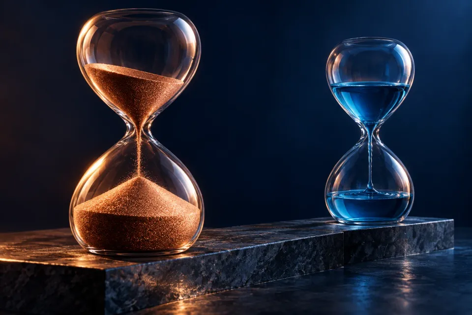 Editorial illustration: Two unmarked hourglasses stand on dark stone, one with copper-colored grains and one with blue liquid.