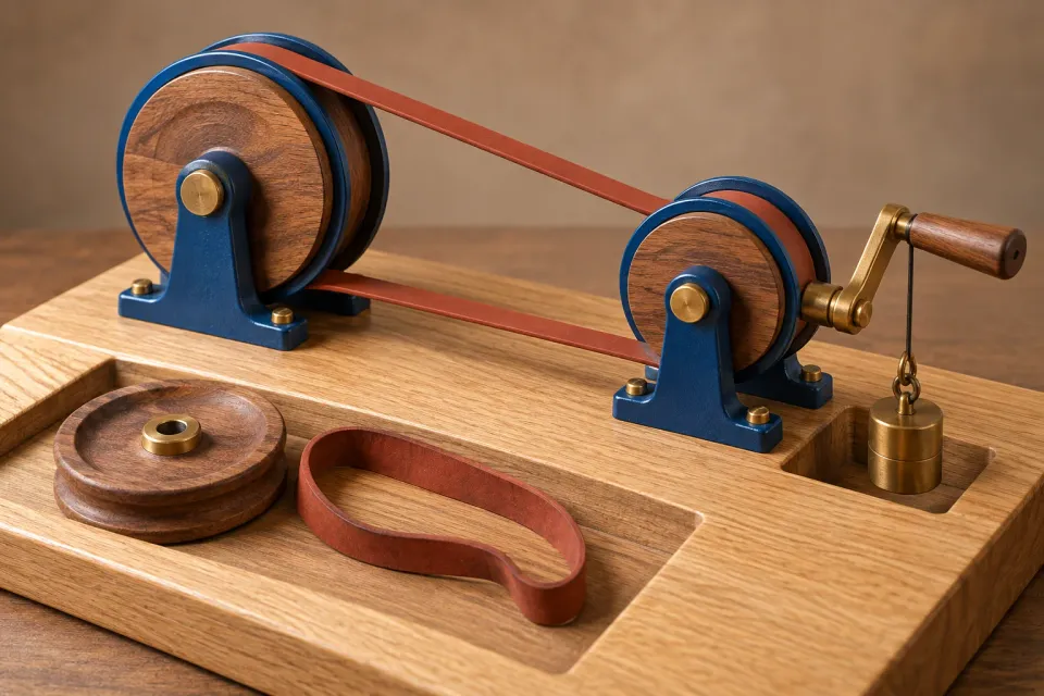 Editorial illustration: A belt mechanism with blue guide flanges, a crank and a weight stands behind a detached wheel and belt.