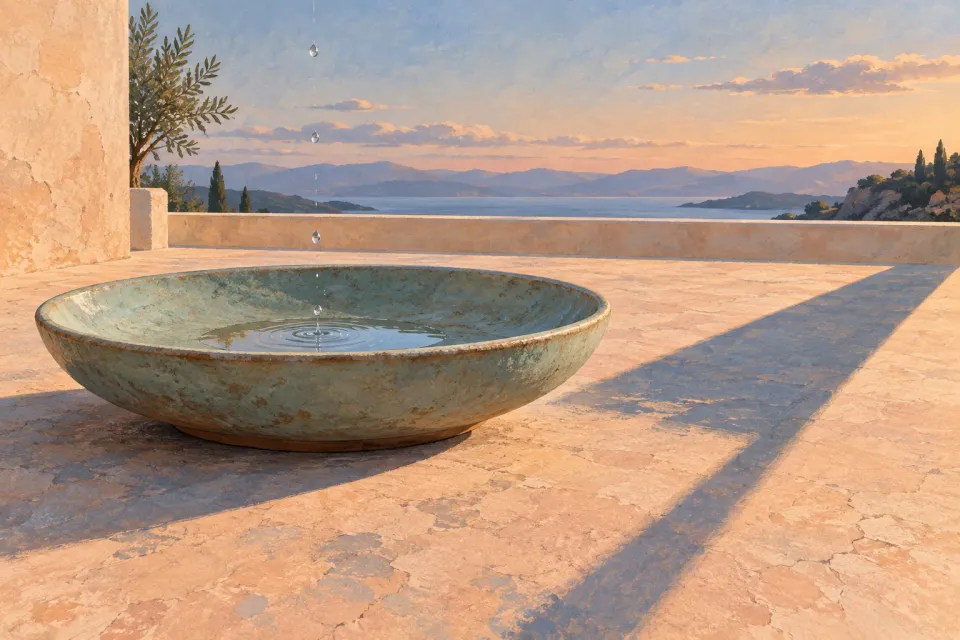 Editorial illustration: Sparse drops fall into a nearly empty ceramic basin on a terrace with long shadows.
