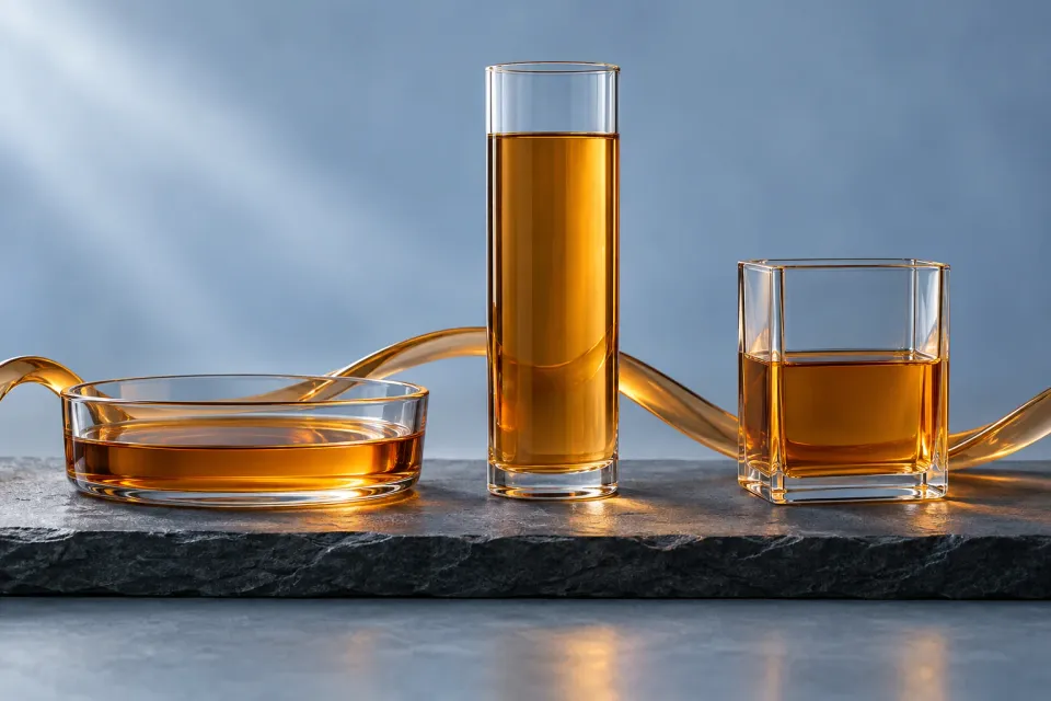 Editorial illustration: Three differently shaped glass vessels holding amber liquid at different levels stand on slate.