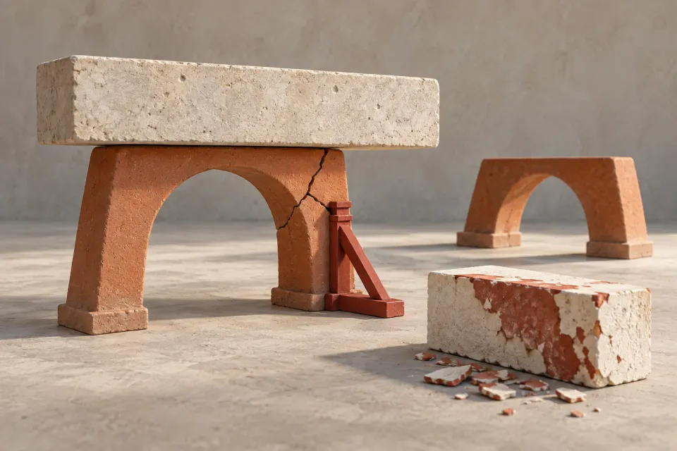 Editorial illustration: A cracked load-bearing arch with a brace stands beside a loose block with flaking paint.