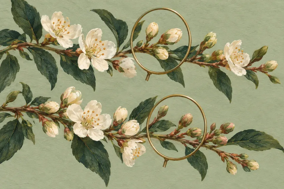 Editorial illustration: Two flowering branches with open blossoms and closed buds are viewed through brass rings.