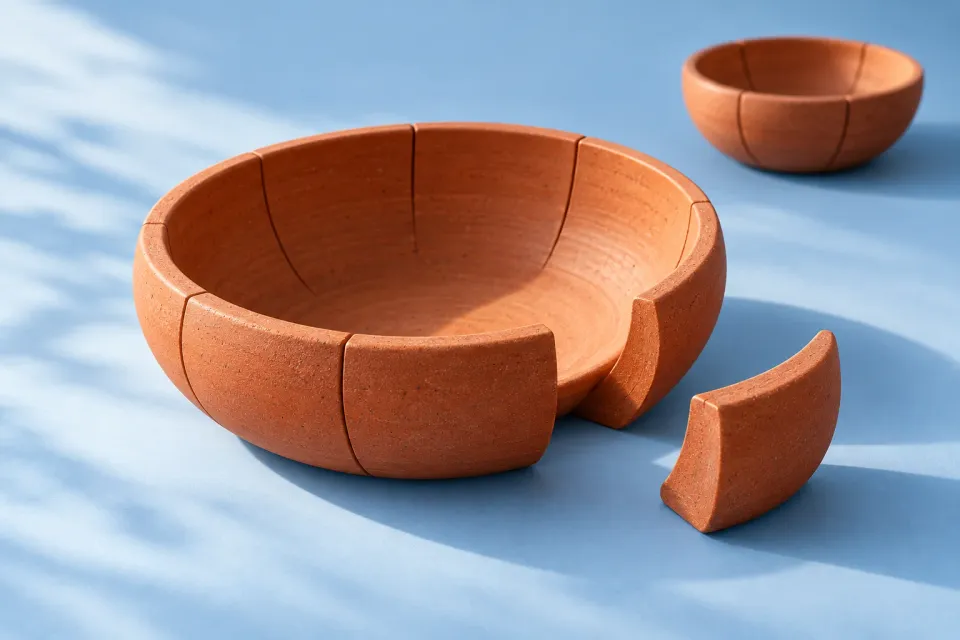Editorial illustration: A terracotta bowl has a removable segment placed beside it, with a smaller complete bowl behind.