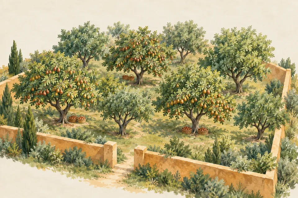 Editorial illustration: A walled orchard contains both fruiting and nonfruiting leafy trees, with harvest baskets beneath some trees.