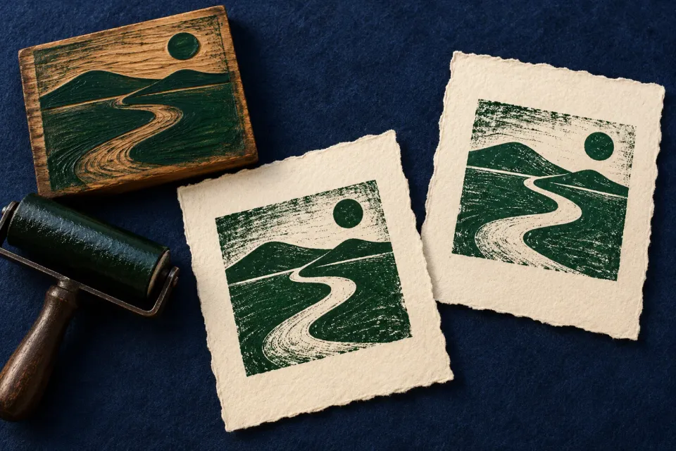 Editorial illustration: A carved woodblock, ink roller and two separate green prints of the same river motif lie on dark blue felt.