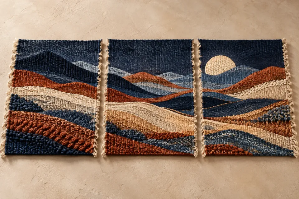 Editorial illustration: Three woven sections of a blue and rust landscape sit beside one another.