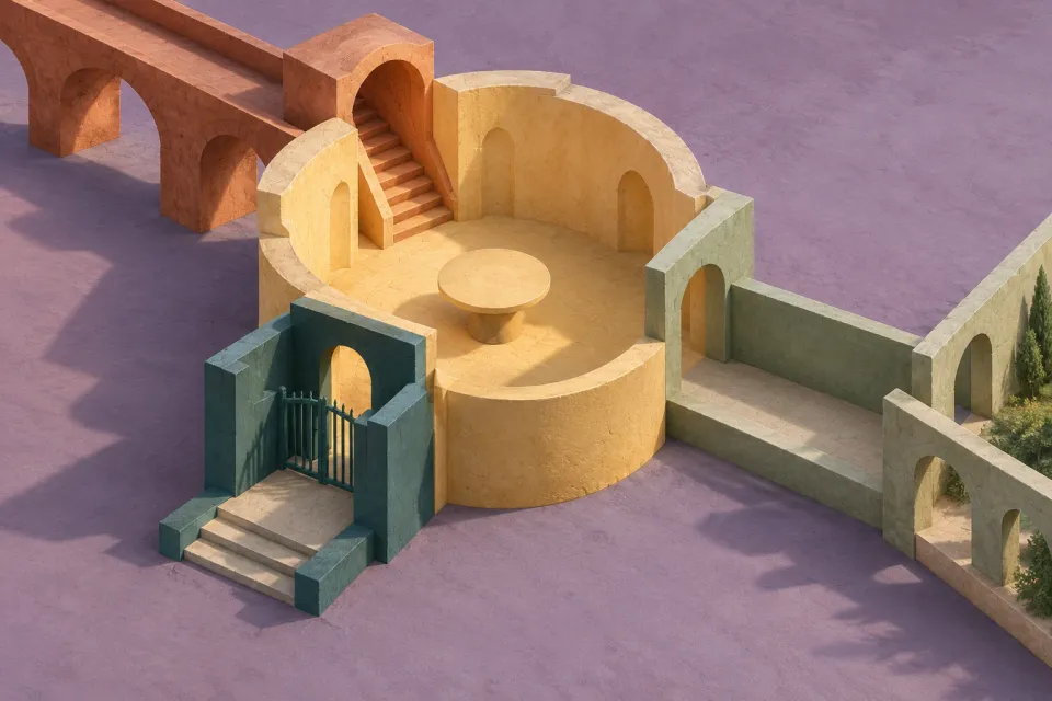 Editorial illustration: A circular room has a closed front gate, an open side passage and an elevated walkway.
