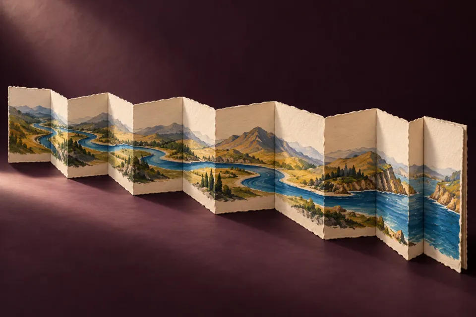 Editorial illustration: A long accordion-folded paper landscape with a blue river continuing across connected panels.