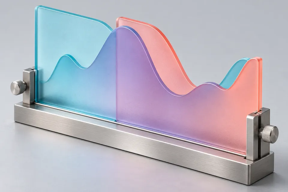 Editorial illustration: Colored wave-shaped glass profiles overlap in a metal frame with adjustment screws, but their edges do not coincide everywhere.