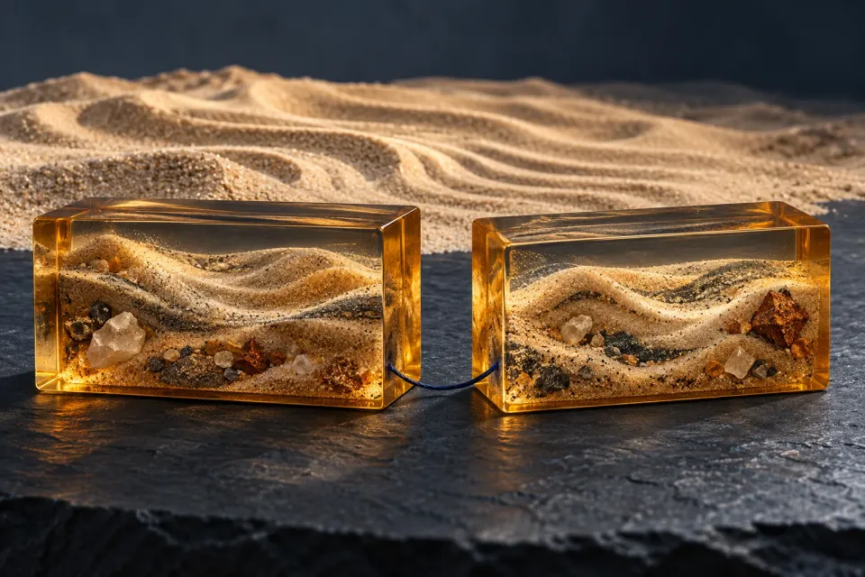 Editorial illustration: Two amber blocks enclose different sand patterns and are linked by a blue thread in front of loose sand.