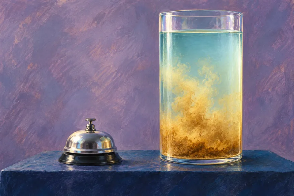 Editorial illustration: A silver service bell stands beside a glass vessel with clearer water above and suspended sediment below.
