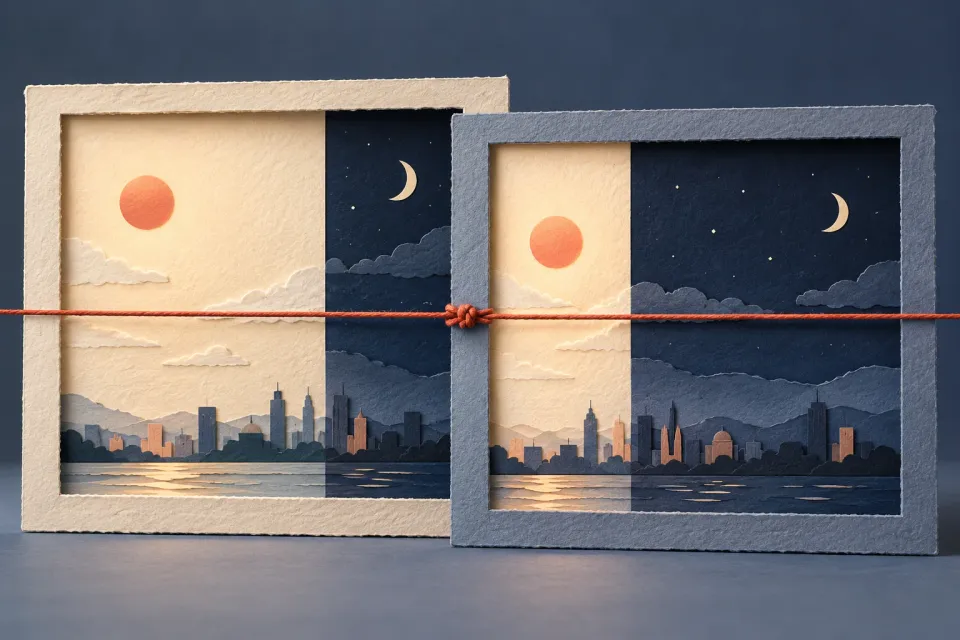 Editorial illustration: Two paper frames show different boundaries between day and night, linked by a red thread.