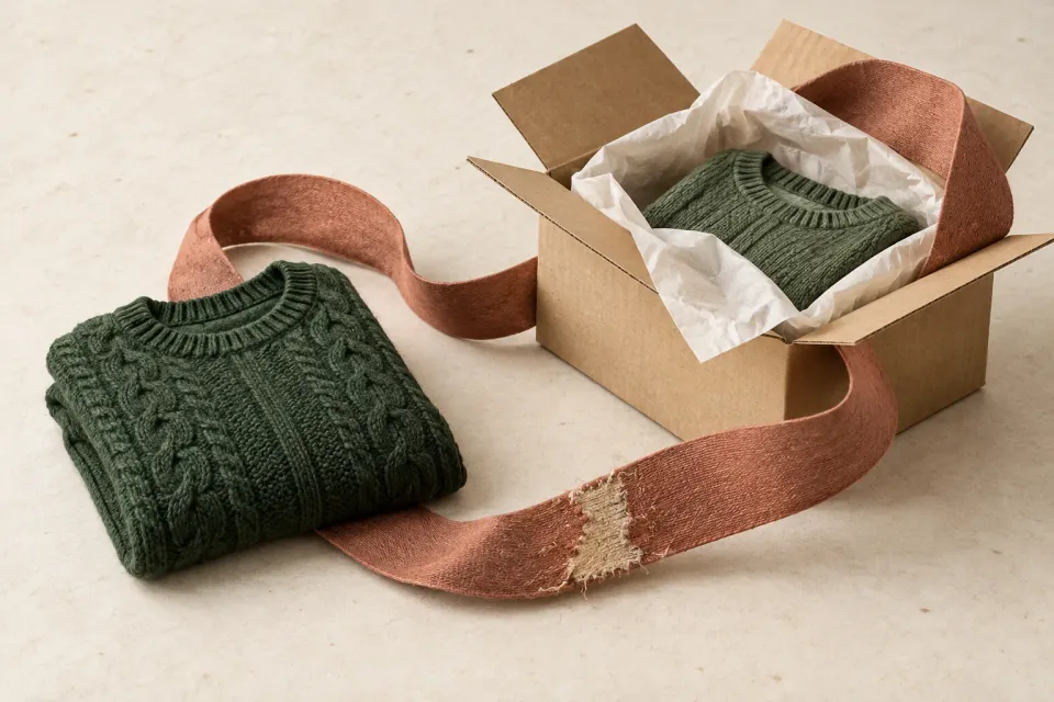 Editorial illustration: Two green knitted sweaters, an open carton and a fabric loop with a worn patch.