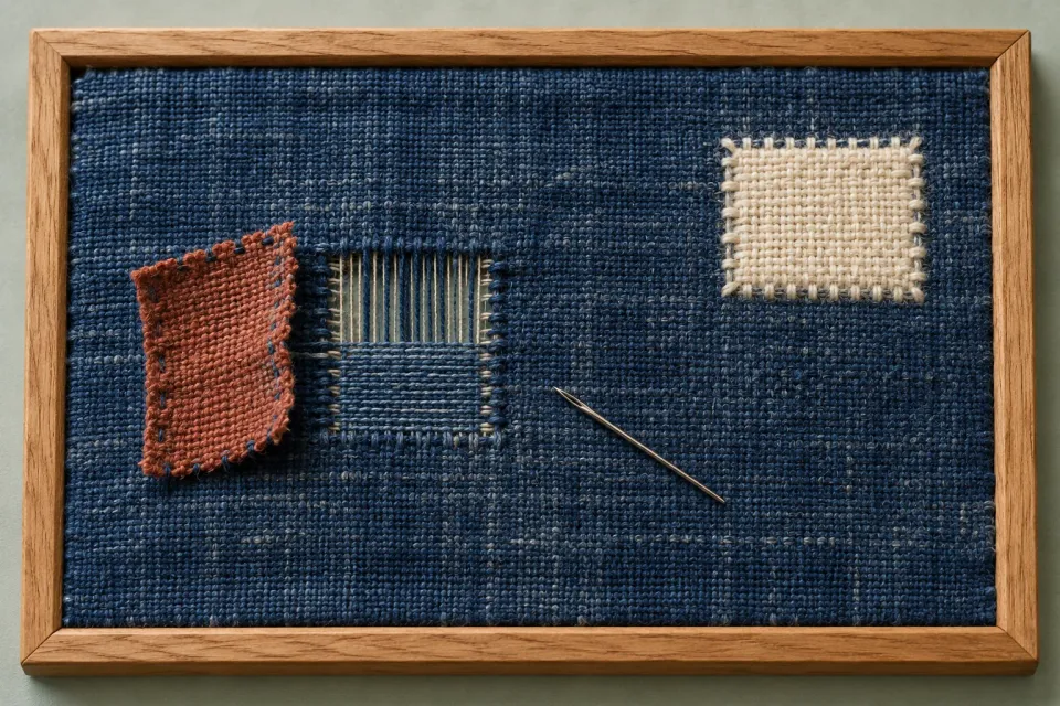 Editorial illustration: Indigo fabric has a partly rewoven area, a rust patch folded aside and an intact ivory repair.
