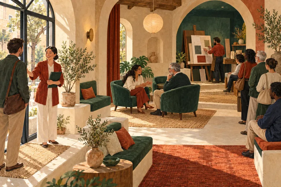 Editorial illustration: A host welcomes a visitor, two people consult in armchairs, and others wait beside a specialist working with material samples.