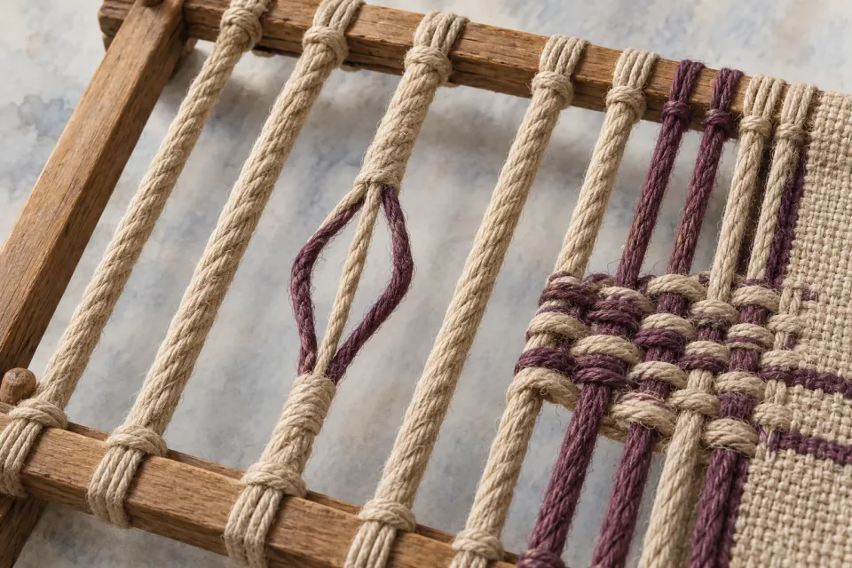 Editorial illustration: Linen cords in a wooden frame, with one cord splitting into thinner strands and then rejoining.