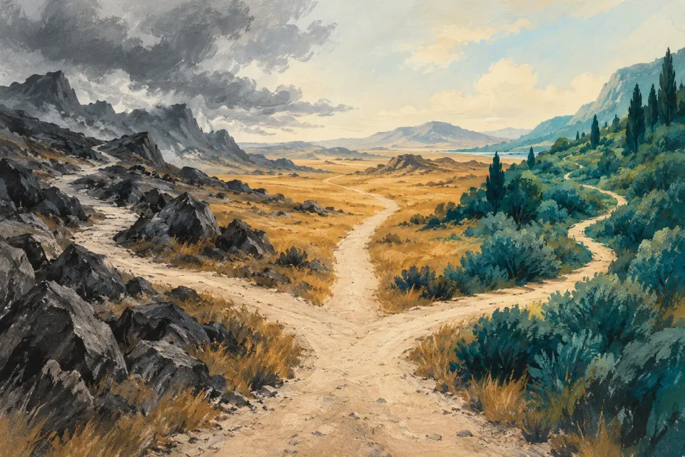 Editorial illustration: One path branches toward dark rocks, an open plain and dense green vegetation.