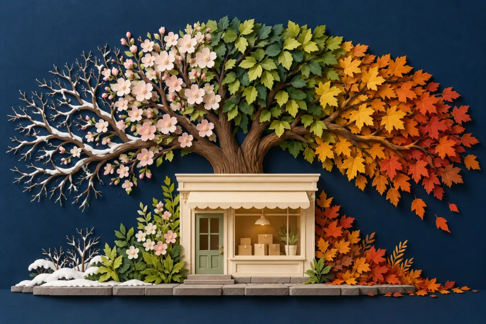 Editorial illustration: A small shop under a paper tree with snowy branches, spring blossoms, green leaves and autumn colors.