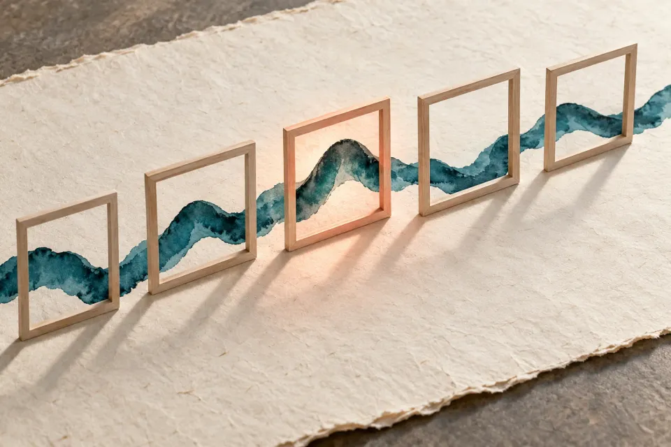 Editorial illustration: Wooden frames follow a wavering teal ink ribbon, with warm light around one crest.