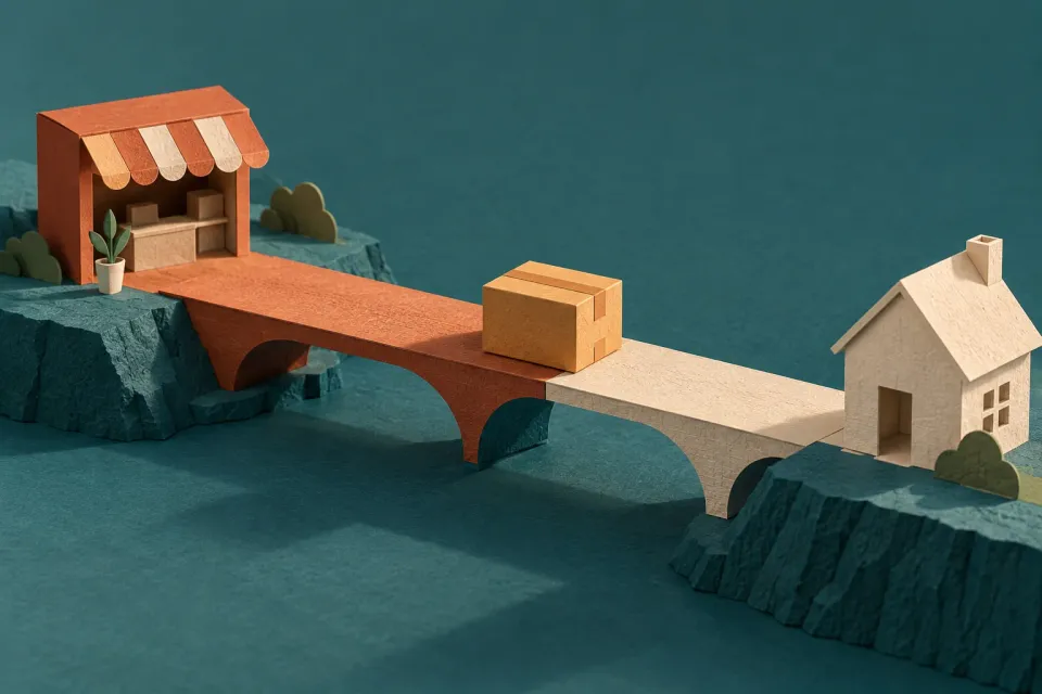 Editorial illustration: A parcel rests on a terracotta and cream bridge between a shop and a house.