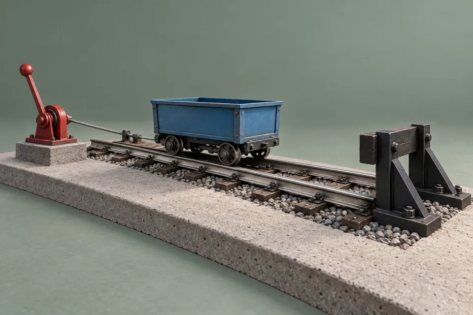 Editorial illustration: A blue trolley sits on a short track between a red lever and a dark buffer stop.
