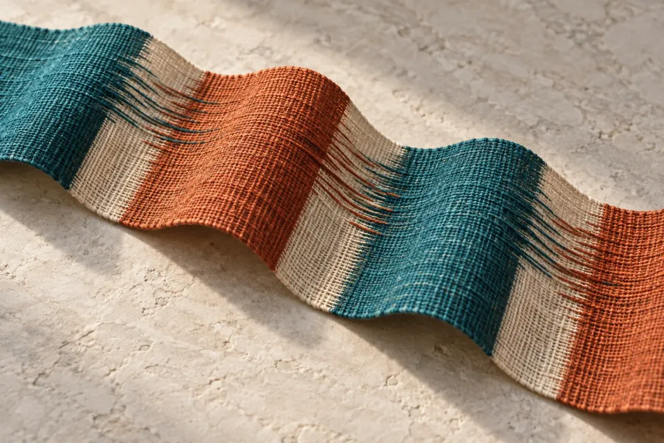 Editorial illustration: A rippling woven strip has teal and rust sections, with threads continuing across pale transitions.