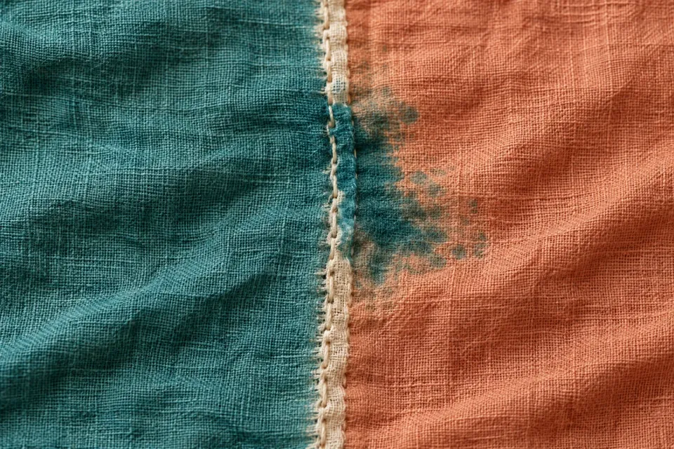 Editorial illustration: Teal dye has spread across a pale seam into a rust-colored linen field.