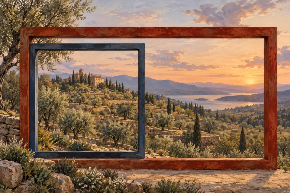 Editorial illustration: A smaller blue frame and a larger rust-red frame reveal different portions of the same terraced landscape.