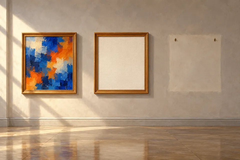 Editorial illustration: A gallery wall with a colorful painting, a framed blank canvas and an empty wall patch with two hooks.