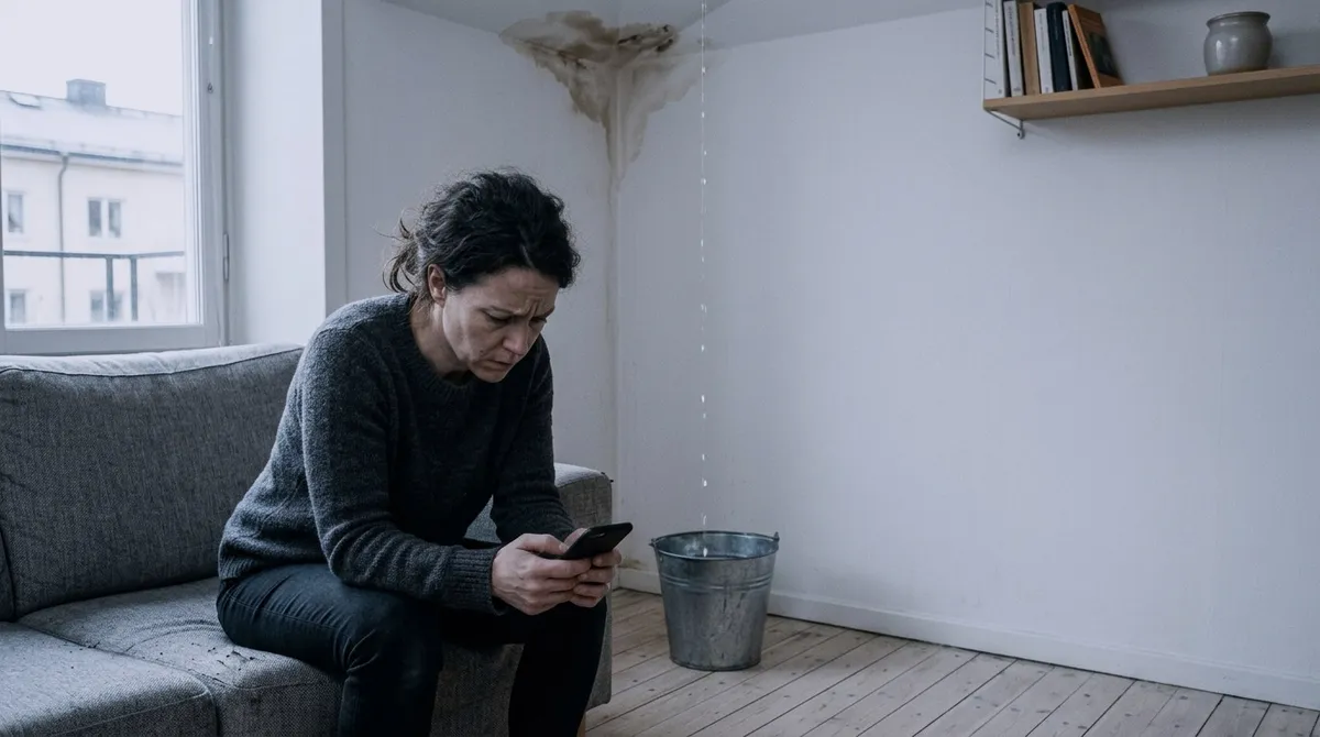 A woman on the edge of her sofa looking at her phone, a water stain spreading across the ceiling behind her.