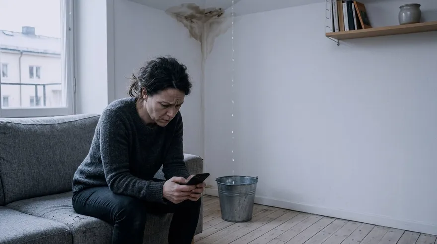 En kvinna sitter på soffkanten och tittar på sin telefon, med en vattenfläck som breder ut sig i takhörnet bakom henne och en hink på golvet.