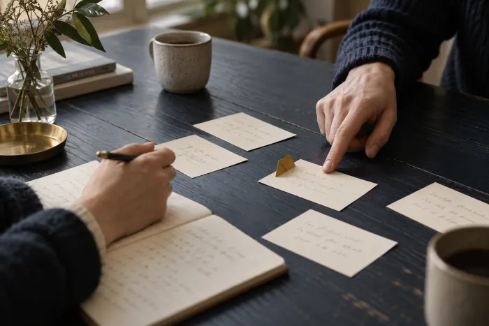 Editorial illustration: two people sort handwritten notes on a work table.