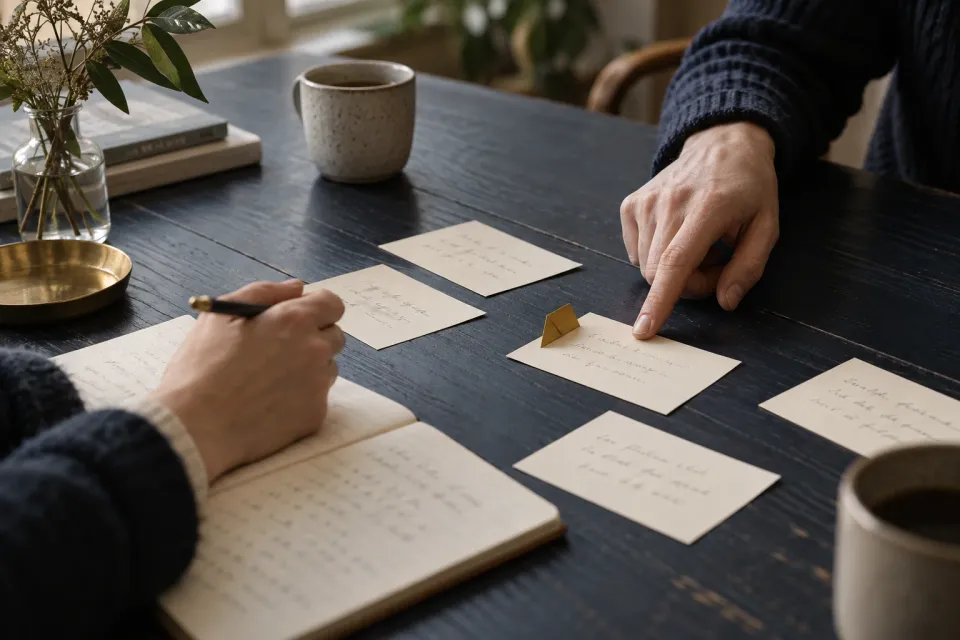 Editorial illustration: two people sort handwritten notes on a work table.